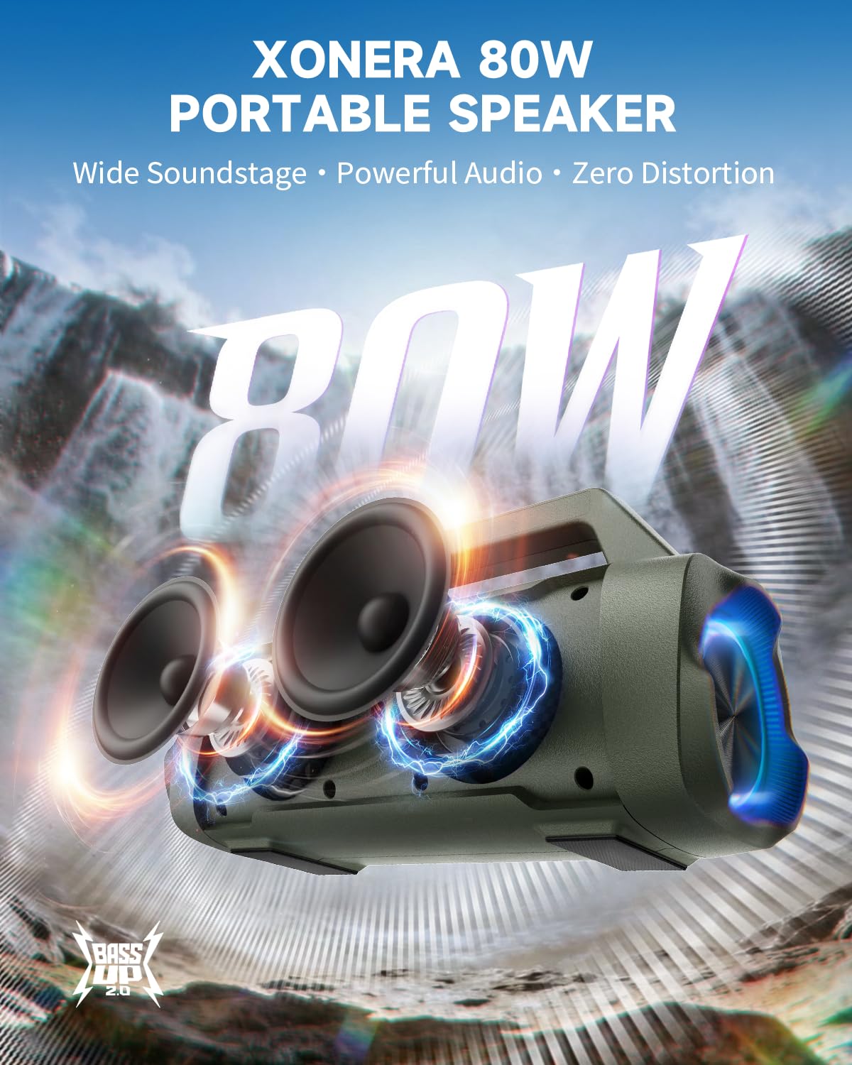 Xonera - Altavoces Bluetooth inalámbricos, altavoz de 80 W pico alto para exteriores con graves, tiempo de reproducción de 20 horas, IPX6 impermeable, TWS, BT5.3, portátil para camping, senderismo