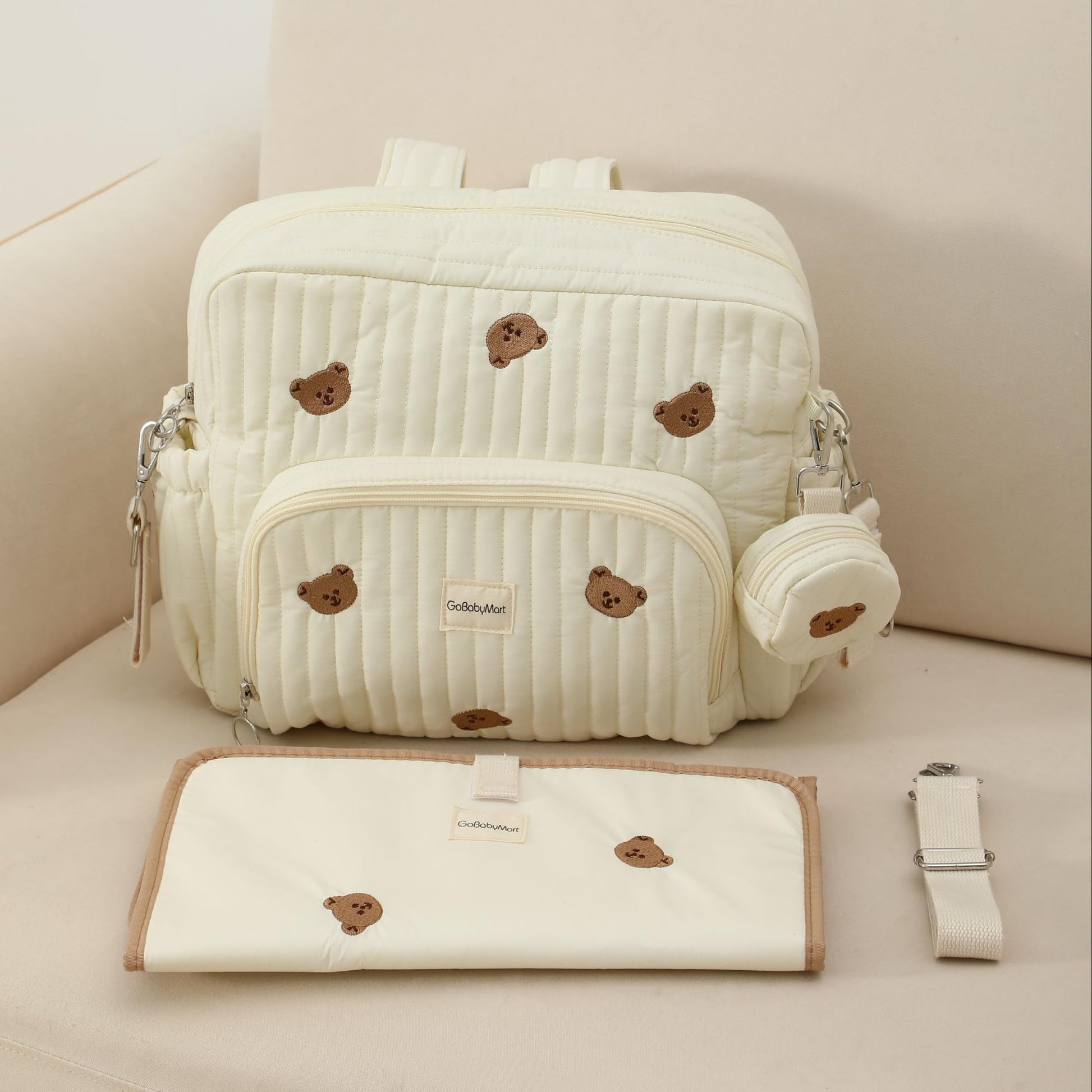 GOBABYMART - Mochila para pañales con cambiador, bolsa de viaje para bebé, bolsillos aislados para botellas, correas para carriola (medianas, ositos beige)