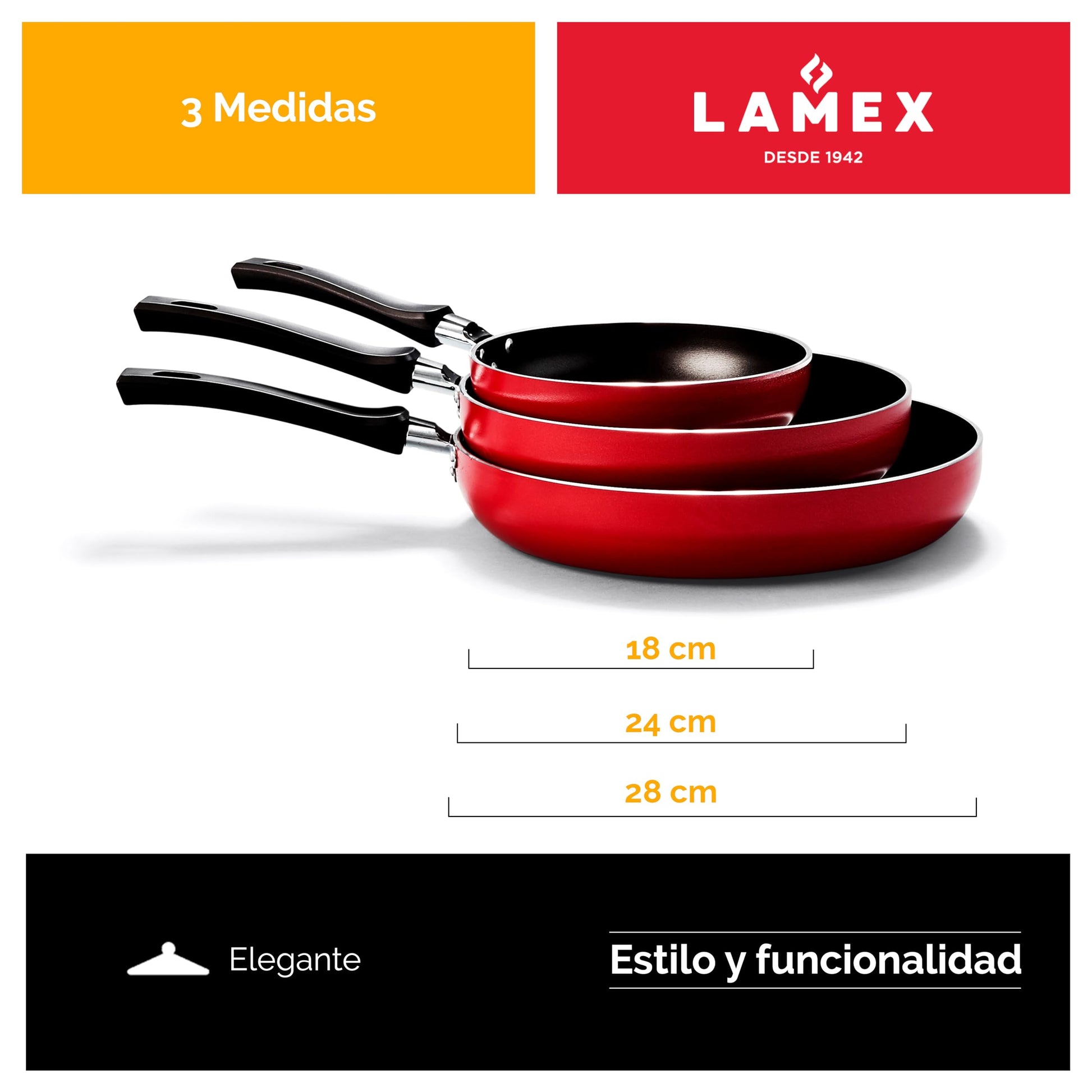 LAMEX | Juego x3 Sartenes Antiadherentes - Profundos | Utensillos de Cocina | Ideal para tu Hogar & Cocina Integral | 18-24-28 cm - Resistencia 3.2 mm de Espesor | Color Rojo