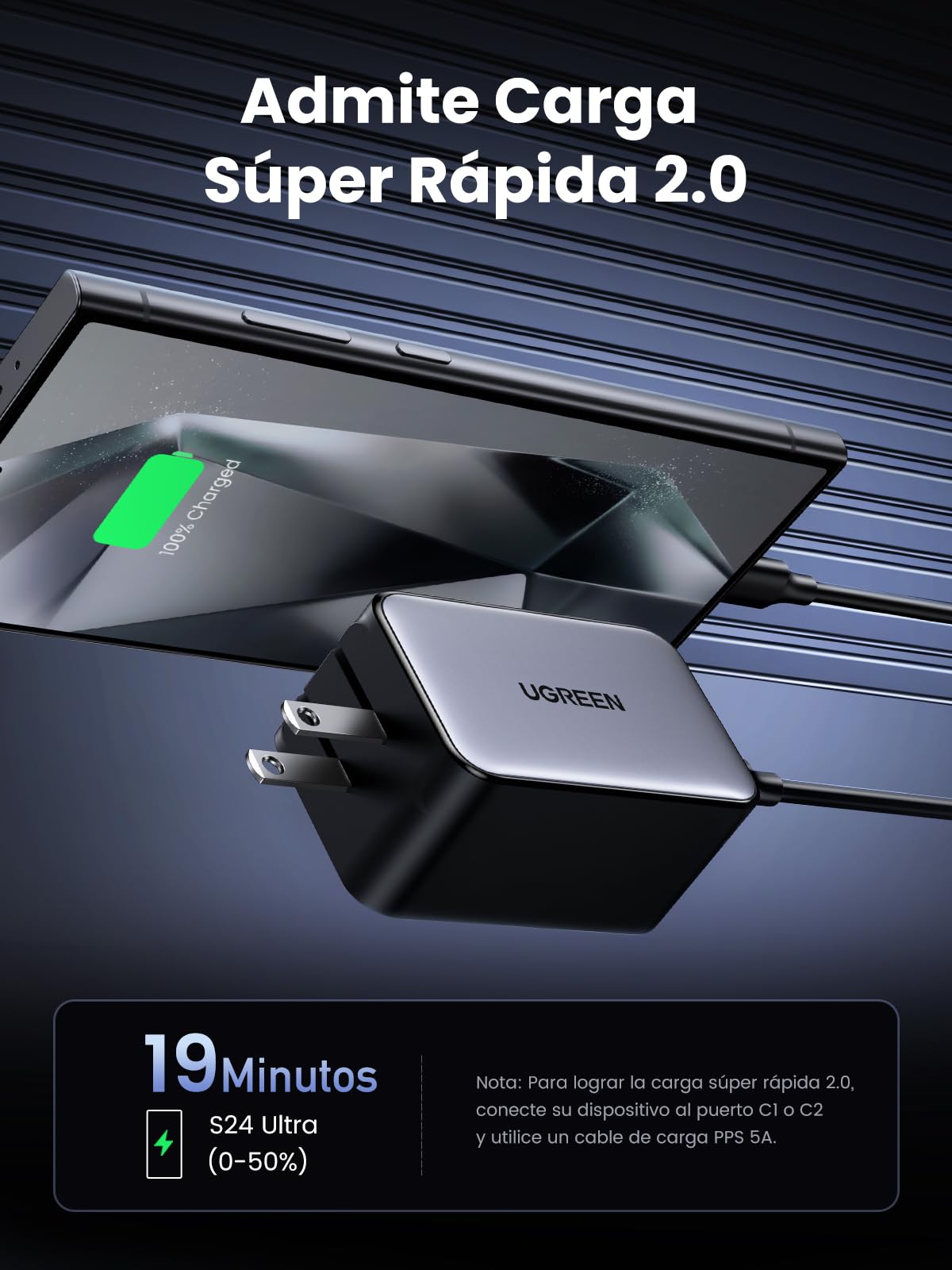 Cargador UGREEN Nexode X5 65W Negro con 4 Puertos USB C y A para Carga Rápida