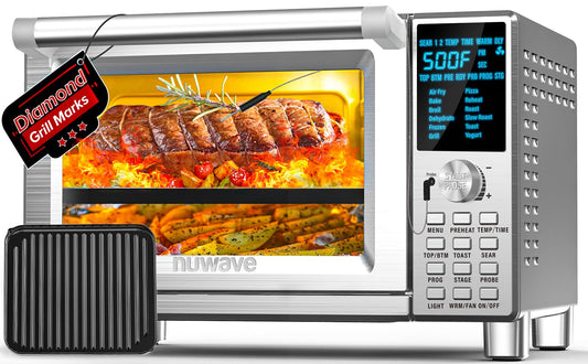 Nuwave Bravo XL Air Fryer Toaster Smart Oven,12-in-1 Countertop Grill/Griddle Combo,30-Qt XL Capacity,50F-500F adjustable in precise 5F increments. Integrated Smart Thermometer,Linear T Technology