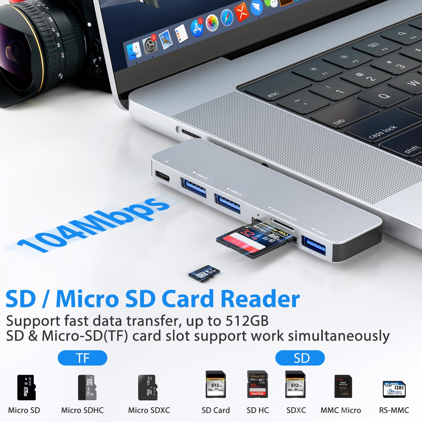 Hertekdo Hub USB C, 6en1 Tipo C Hub Adaptador Multipuerto USB C, 3 USB3.0, Multifuncional Tipo C, Lector Tarjeta SD/TF, USB C Hub Compatible con MacBook, MacBook Pro, MacBook Air, Plug-and-Play