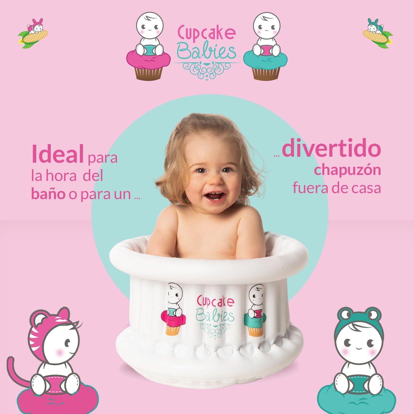 Bañera para Bebe Inflable Turquesa | Navidad | Ideal Regalos Navideños para Recién Nacidos hasta 12 Meses | Incluye Bolso de Viaje, Pato de Juguete y Compresor de Aire | Alberca para Bebe | CUPCAKE BABIES