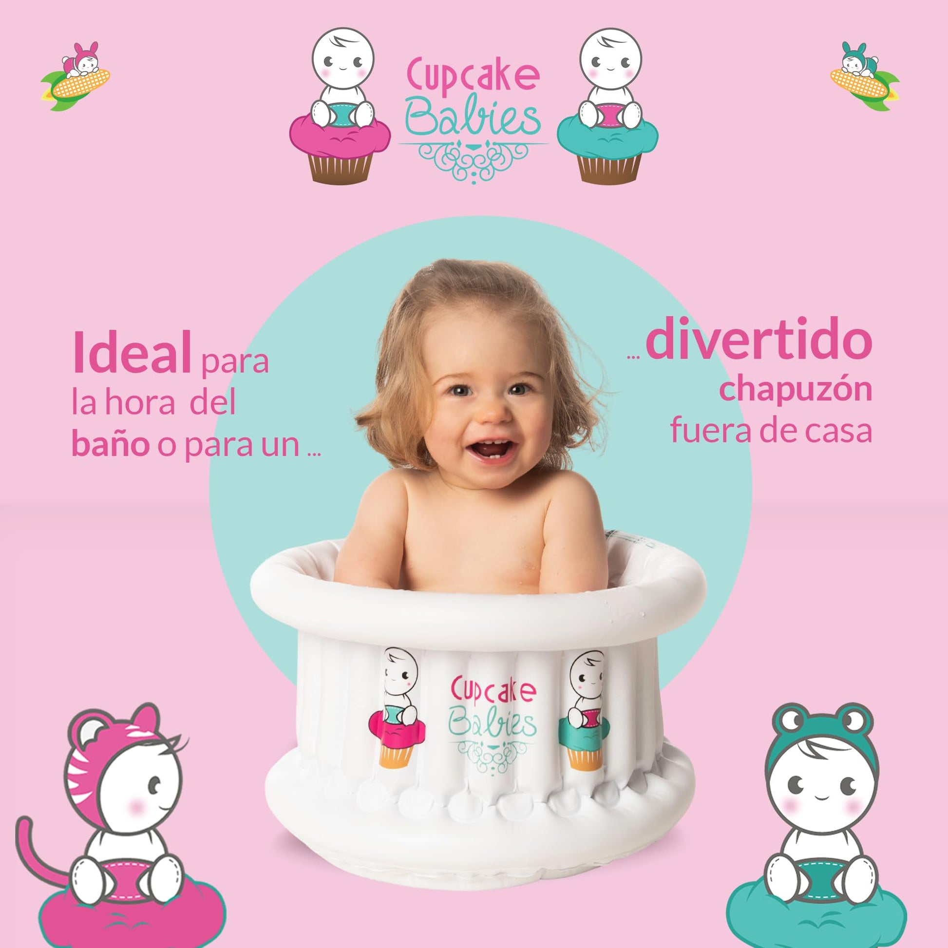 Bañera para Bebe Inflable Turquesa | Navidad | Ideal Regalos Navideños para Recién Nacidos hasta 12 Meses | Incluye Bolso de Viaje, Pato de Juguete y Compresor de Aire | Alberca para Bebe | CUPCAKE BABIES