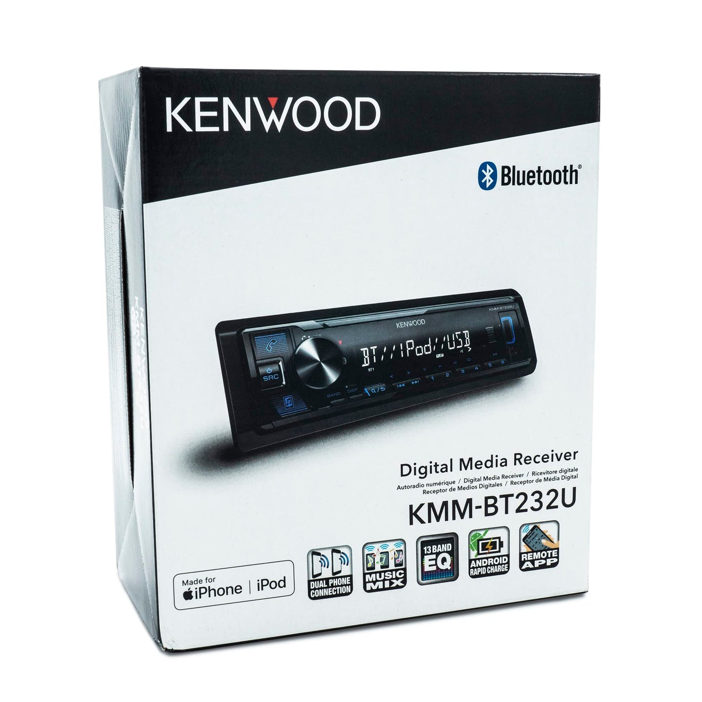 KENWOOD KMM-BT232U - Receptor de coche DIN único, estéreo Bluetooth para coche con mezcla de música para 5 dispositivos, conexión de teléfono dual, entrada USB frontal y AUX, ecualizador de 13 bandas