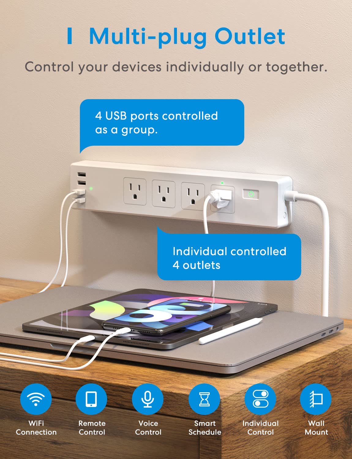 meross Tira de alimentación inteligente compatible con Apple HomeKit, Siri, Alexa, Google Home y SmartThings, protector de sobretensión WiFi con 4 salidas de CA, 4 puertos USB y cable de extensión de 6 pies, control de voz y control remoto
