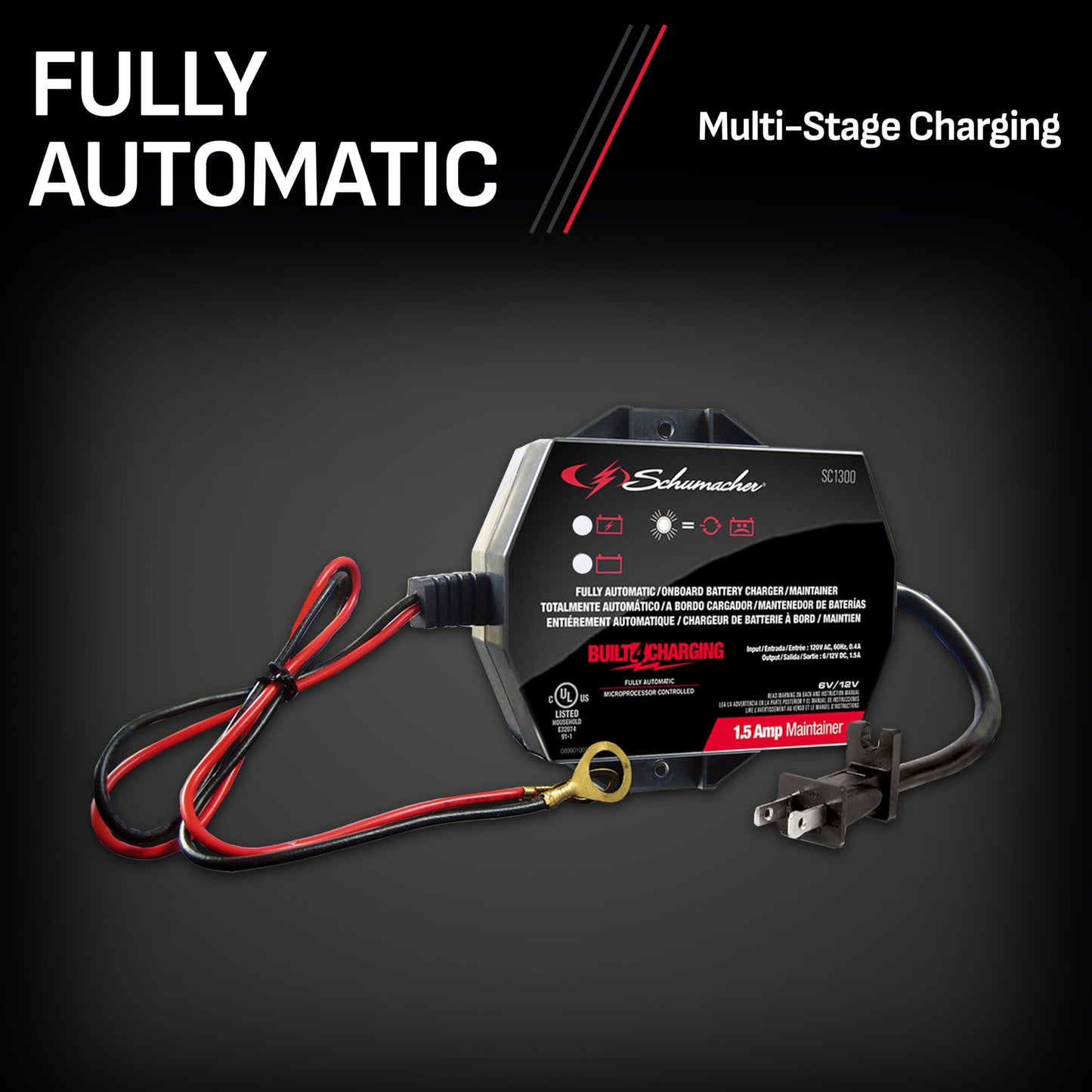 Schumacher SC1300 Cargador y mantenedor de batería completamente automático de montaje directo debajo del capó con detección de batería – 1.5 amperios, 6 V/12 V – para coches, motocicletas, tractores de césped, deportes eléctricos