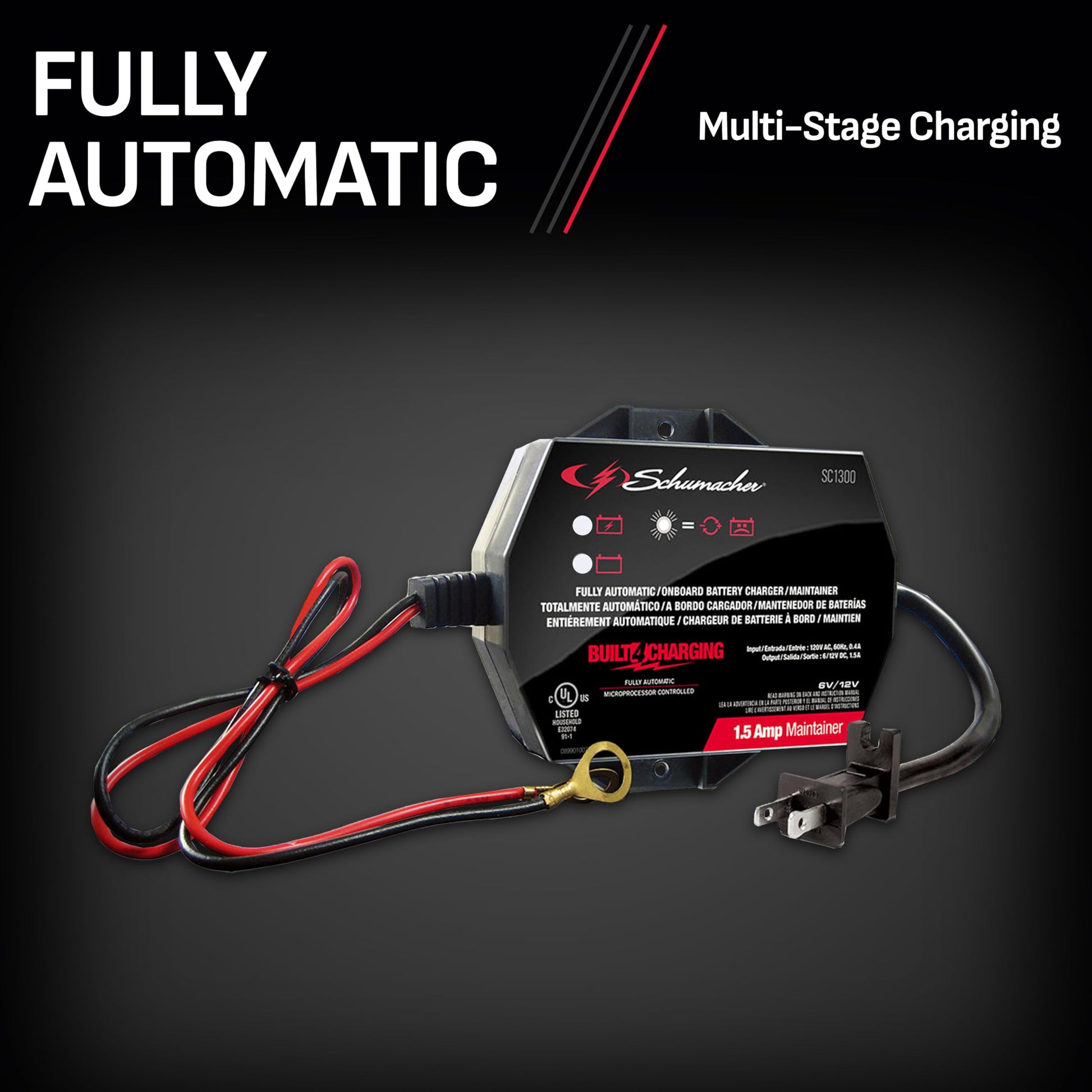 Schumacher SC1300 Cargador y mantenedor de batería completamente automático de montaje directo debajo del capó con detección de batería – 1.5 amperios, 6 V/12 V – para coches, motocicletas, tractores de césped, deportes eléctricos
