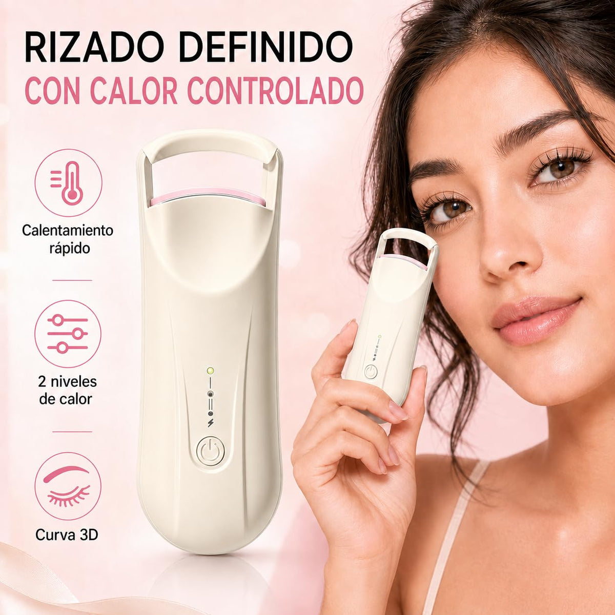 Rizador de Pestañas Eléctrico, Enchinador Térmico Recargable USB-C con 2 Niveles de Temperatura 65°C/85°C, Calentamiento Rápido y Curva 3D, Mini Rizador Portátil para Maquillaje