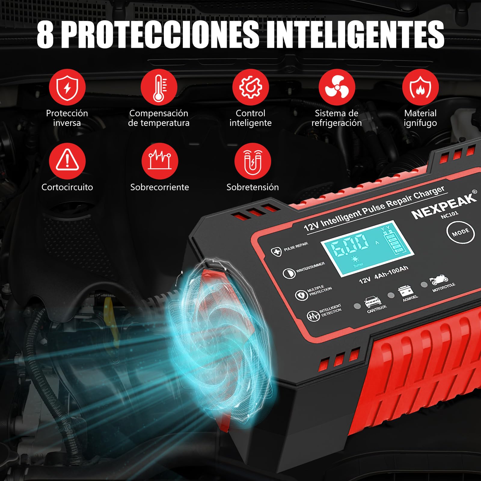 Cargador de Bateria de Auto, con LCD Pantalla 12V 6A , Arrancador de Bateria Ajuste de Corriente Inteligente para Cargar y Proteger, cargar baterías GEL, AGM, WET, Aplica a Auto, Excavadoras