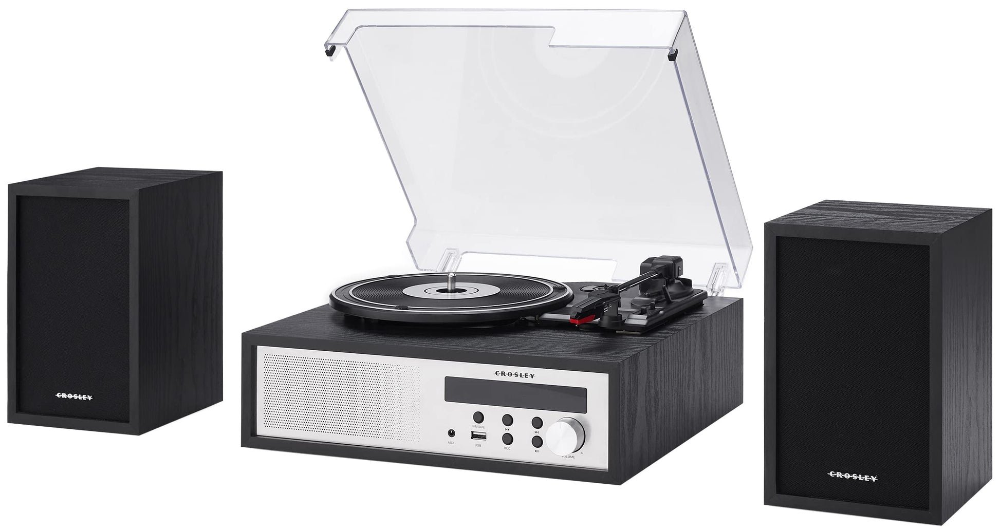 Crosley CR7022A-BK Sloane - Tocadiscos Bluetooth de 3 velocidades y Sistema de Estante de Radio FM con Altavoces estéreo a Juego, Color Negro