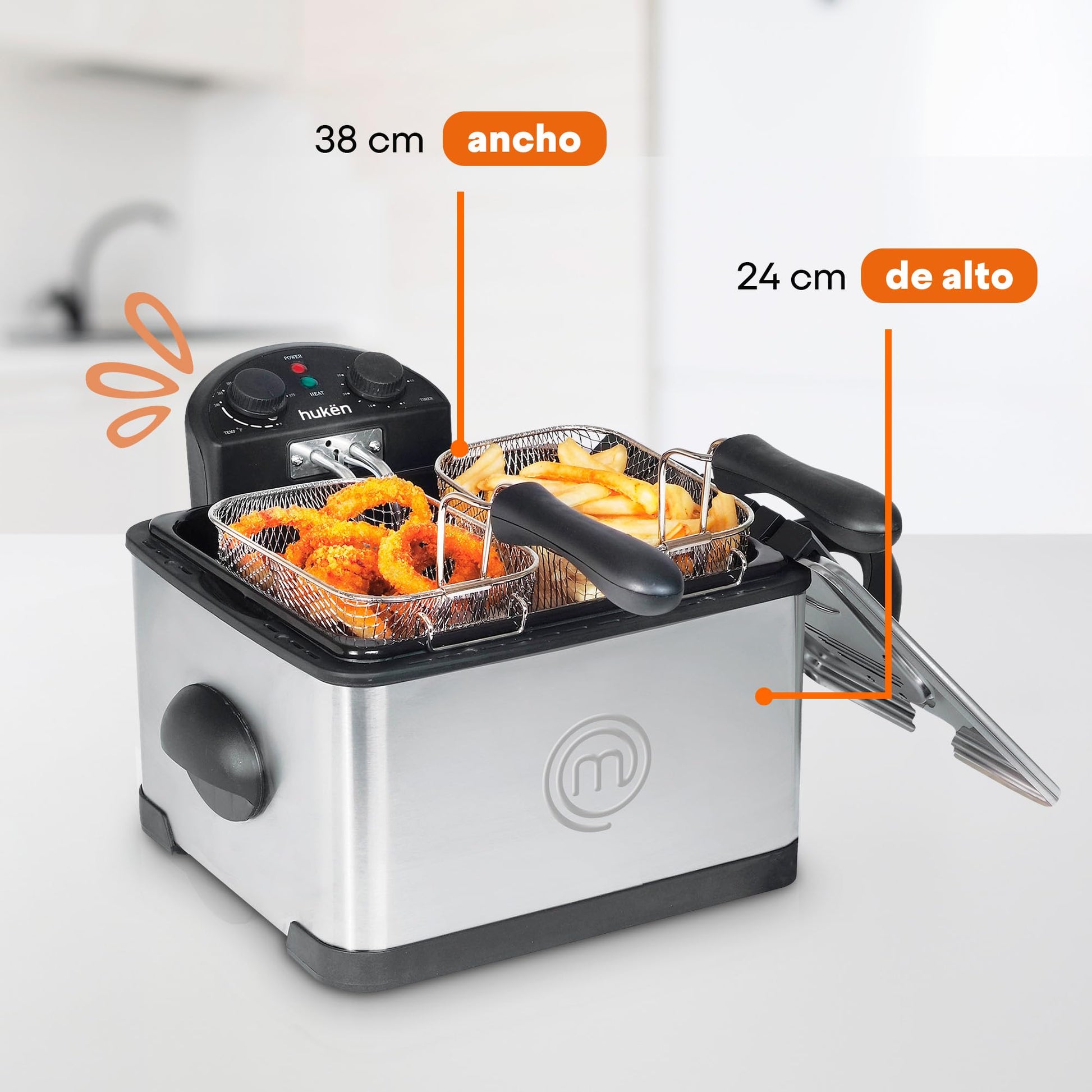 Hukën x MasterChef | Freidora de Aceite | Flash-Fry XL | Triple Basket | Capacidad 4 litros | Acero Inoxidable | Canastillas Removibles e intercambiables | 1700 W | MK-DF-4SSV2