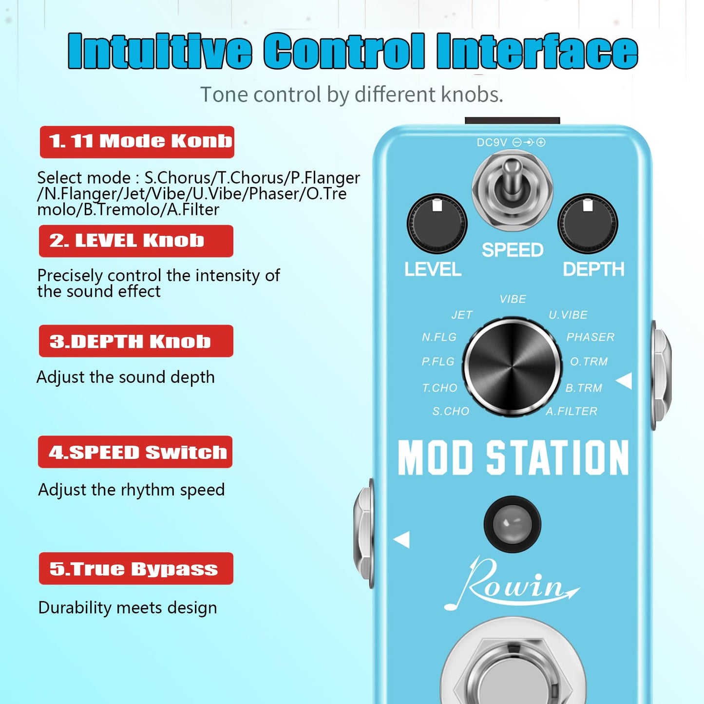 Pedales de Efecto Digital Rowin Negro con True Bypass para Guitarra Eléctrica y Bajo