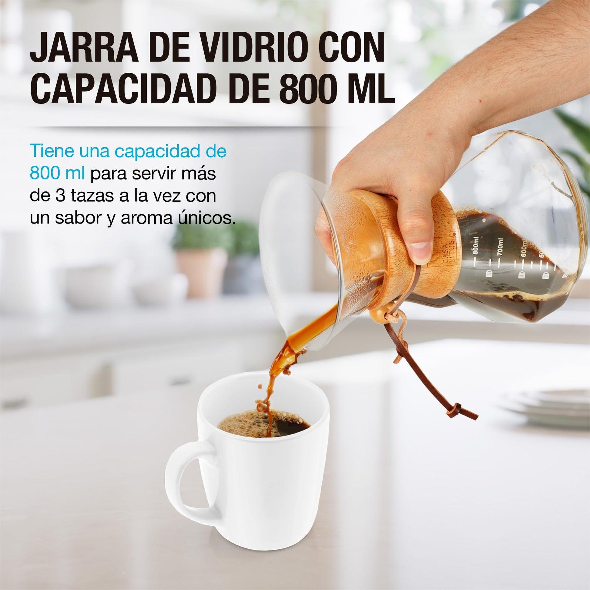 CASA LITUS Cafetera tipo Chemex Grande (800 ml) con Filtro Reutilizable de Acero Inoxidable, Cafetera de Goteo Pour Over Café Molido, Agarradera de Bambú y Vidrio de Borosilicato, Rinde 4 Tazas.