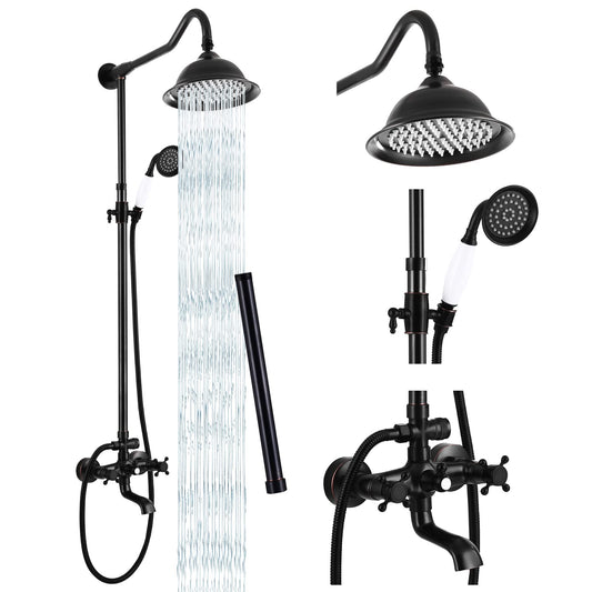 Juego de sistema de ducha expuesto de bronce aceitado para grifo de ducha 8 duchas de lluvia, 2 pomos dobles, mango de triple función, boquilla de tina, juego de unidad combinada de 12 pulgadas de extensión incluida