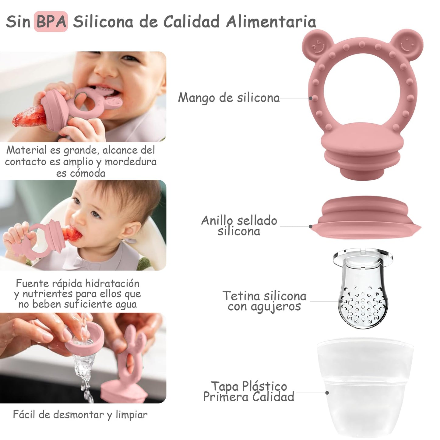 EHRHDKNS Bandeja Congeladora de Alimentos para Bebés Sin BPA, Adecuado para la Introducción Segura de Alimentos, Fruta y Papillas a Partir de los 4 Meses, Fortalece los Dientes del Bebé y le Ayuda a Comer Sano (Rosa, Sonriente)