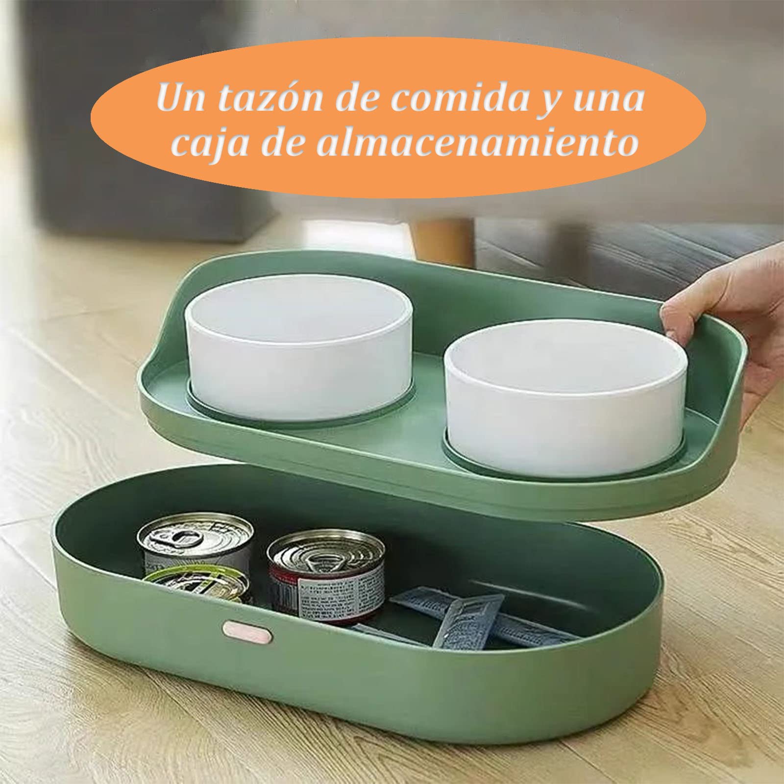 Comedero para Perro y Gatos，（2*420ML cuencos de cerámica+1*2700ML caja de almacenaje）Cuencos Elevados para Mascotas,Soporte Elevado para Cuencospara Perros y Mascotas pequeños, medianos y Grandes