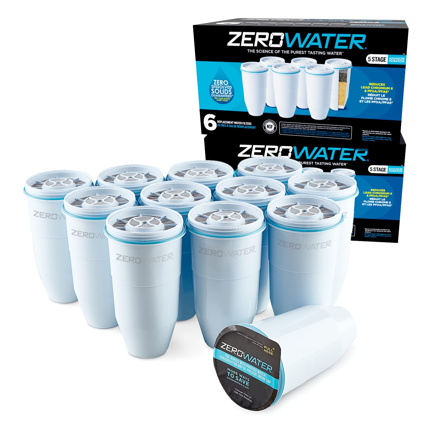 Filtro de Repuesto ZeroWater Blanco 5 Etapas 0 TDS Certificado IAPMO Paquete de 12
