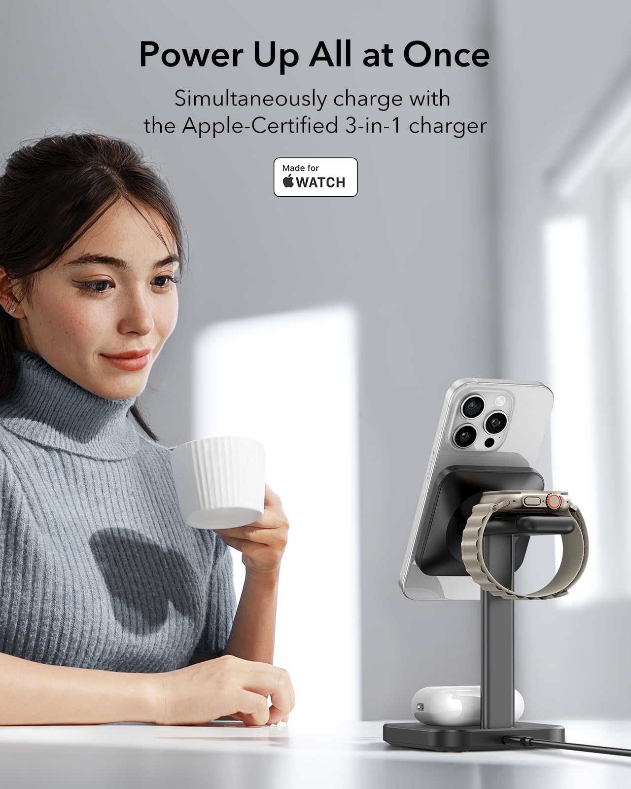 ESR Estación de carga inalámbrica 3 en 1 para Apple [certificado] Cargador portátil Apple Watch y soporte de cargador MagSafe, cargador inalámbrico para múltiples dispositivos iPhone 17/16/15/14/13/12