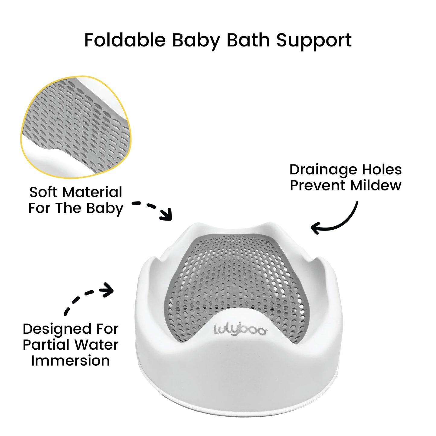 Lulyboo - Soporte plegable para tina de bebé para bebés menores de 6 meses, ergonómico, antideslizante, portátil, con cojín suave y drenaje integrado, ayuda de baño para bebé segura y ahorra espacio