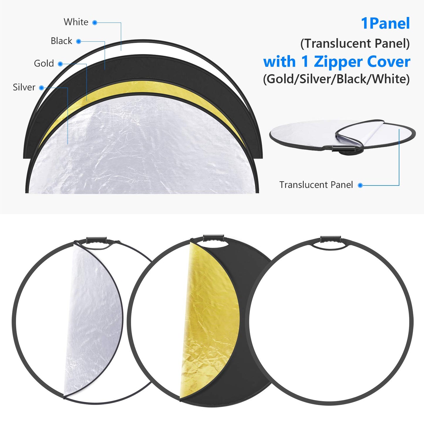 NEEWER 5-en-1 Reflector Luz Redondo Portátil 110CM Plegable Multidisco con Una Sola Empuñadura y Bolsa para Iluminación de Fotografía Estudio e Iluminación Exterior-Oro/Plata/Blanco/Negro/Translúcido