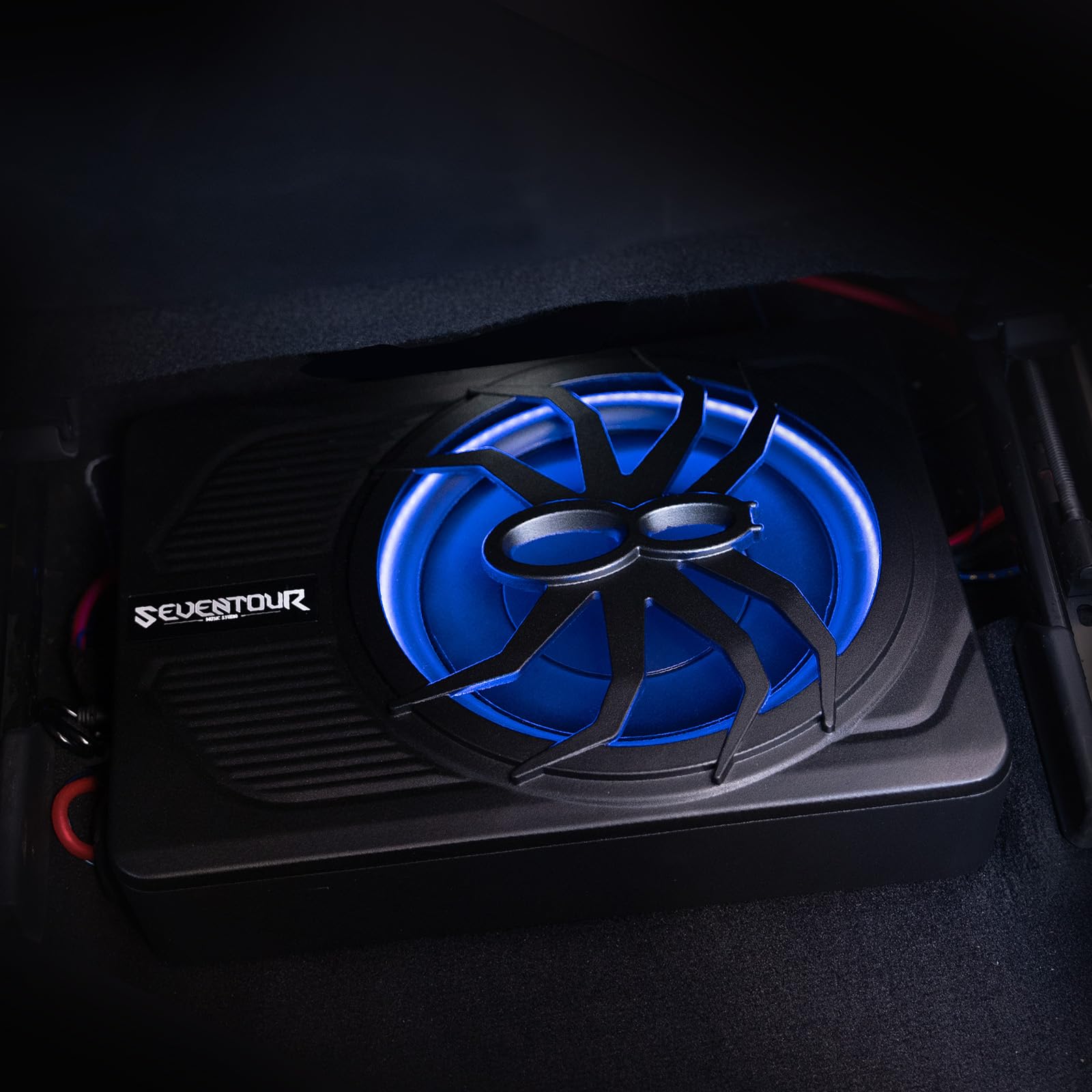 Subwoofer de 10 pulgadas de 800 W delgado alimentado por debajo del asiento, subwoofer de audio para coche/camión, amplificador integrado en combinación, con luz LED azul (subwoofer LED RGB + kit de