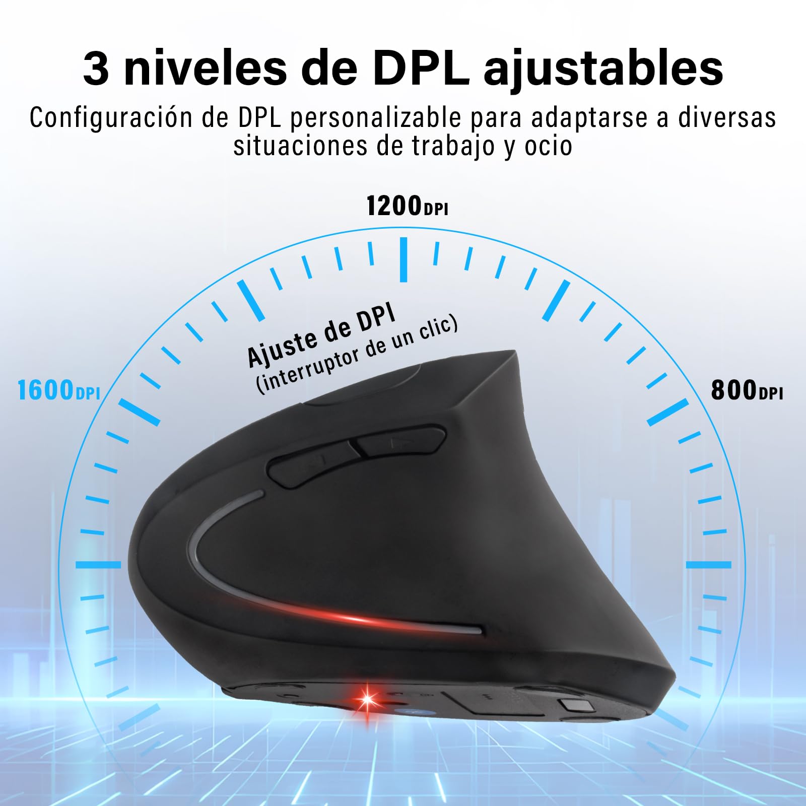 KIROGILY Mouse Inalámbrico Ergonómico Recargable, Mouse Vertical de Bluetooth y 2.4Ghz con 3 DPIs Ajustables, Mouse Mate de 6 Botones con Receptor USB, Compatible con Sistema Windows y Mac.(Negro)