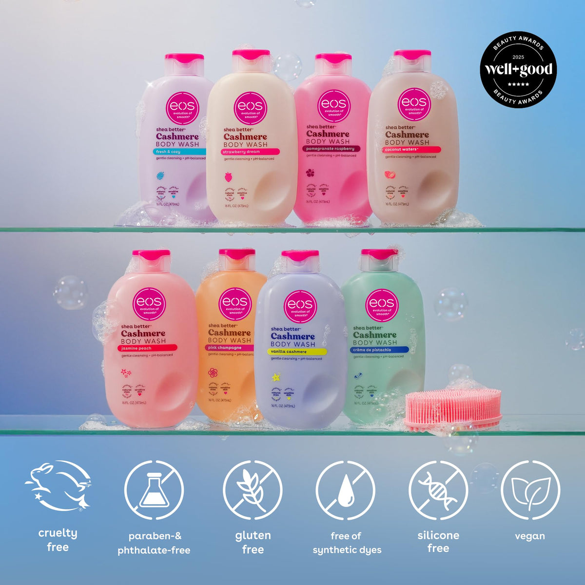 EOS Shea Better Gel de Baño de Vainilla Cachemira, Hidratante y Nutritivo, Fórmula de Gel Cremoso Equilibrado de pH, Libre de Parabenos ni Ftalatos, para Piel Sensible, 16 Onzas Líquidas