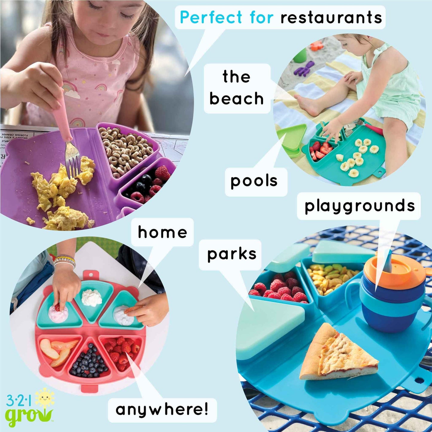 321 Grow Alfombrilla de silicona para snacks de viaje - Juego de manteles plegables reutilizables con 3 compartimentos y tapas - Plato para snacks de viaje apto para bebés y niños pequeños - Apto para
