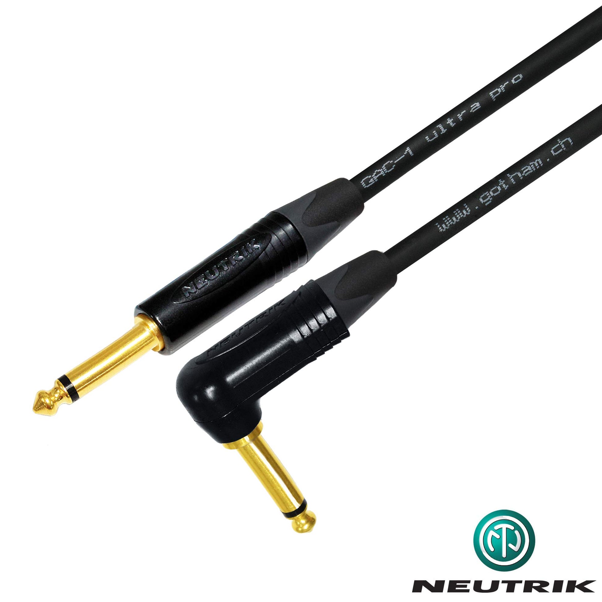 Cable de Instrumento Gotham GAC-1 Ultra Pro 12 Pies Premium Neutrik Gold recto a ángulo para Guitarra Baja