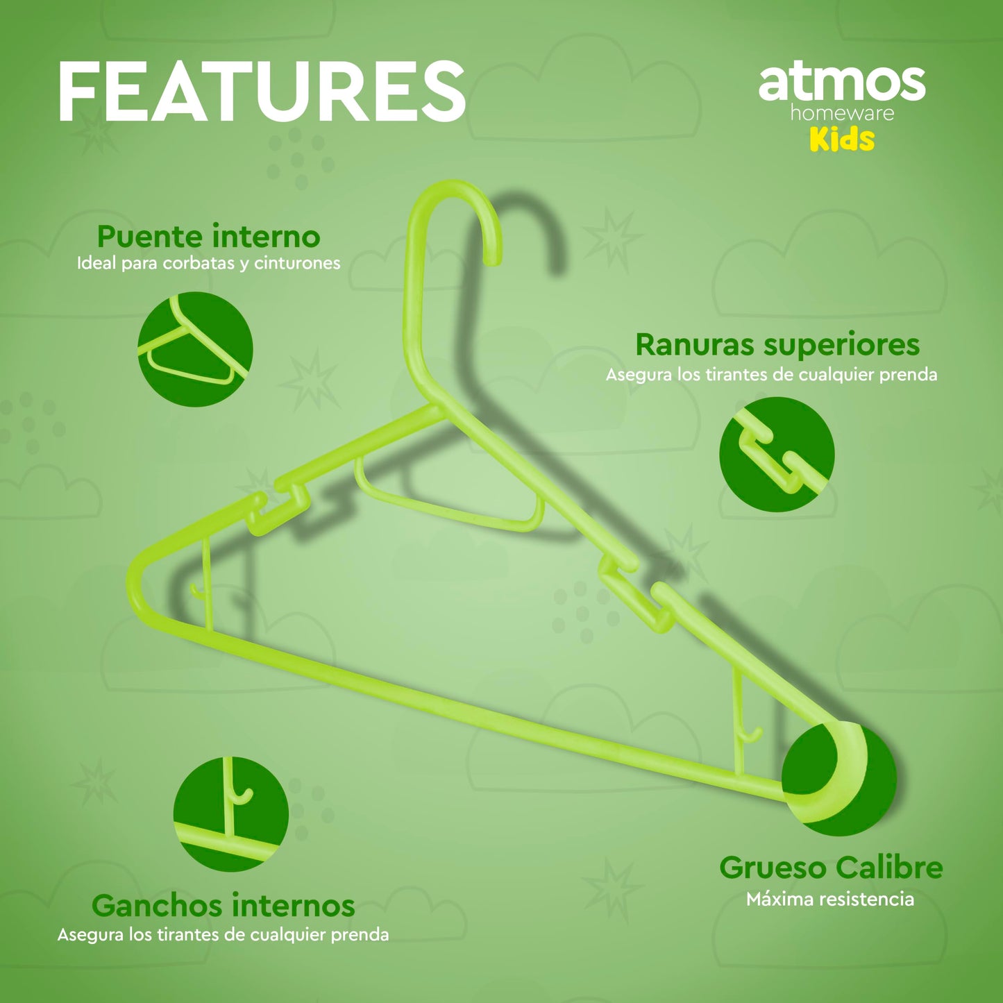 Atmos Homeware Ganchos para Ropa de Niños | Ganchos de Plástico Premium para Colgar Ropa de Niño, Niña y Bebé | Gruesos, Resistentes y Duraderos | Paquete de 20 Perchas para Ropa Infantil Color Verde