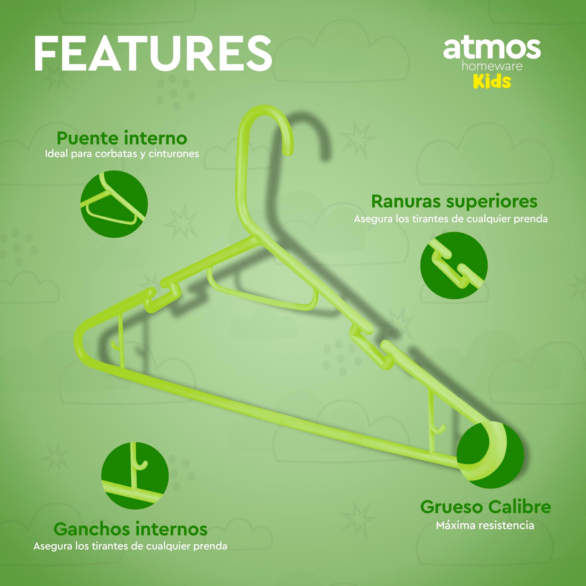 Atmos Homeware Ganchos para Ropa de Niños | Ganchos de Plástico Premium para Colgar Ropa de Niño, Niña y Bebé | Gruesos, Resistentes y Duraderos | Paquete de 20 Perchas para Ropa Infantil Color Verde