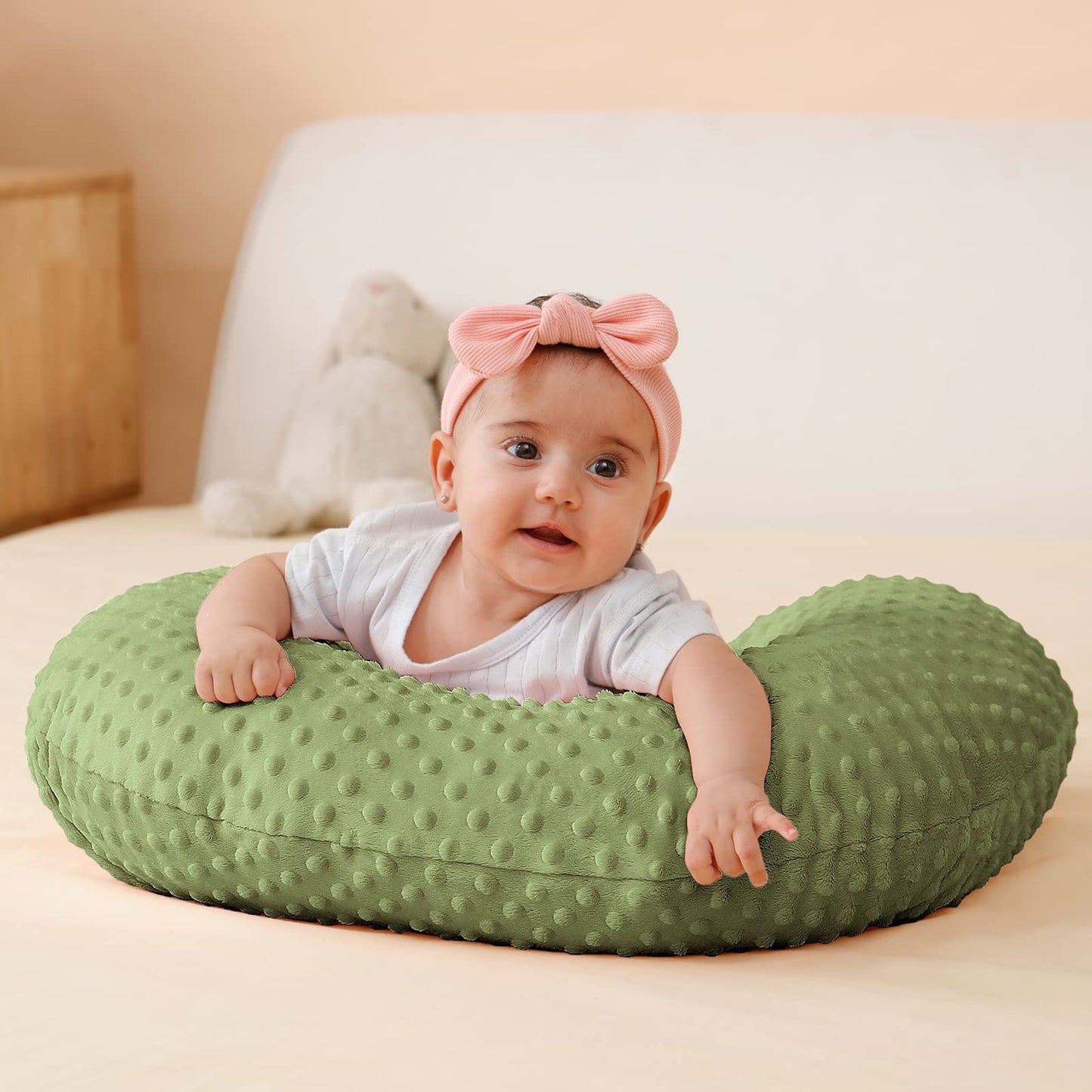 QUENESS Almohada de lactancia y posicionador, lactancia materna, alimentación con biberón, soporte para sentarse al bebé con funda extraíble ultra suave, soporte para el tiempo de barriga para bebés niños y niñas (salvia)