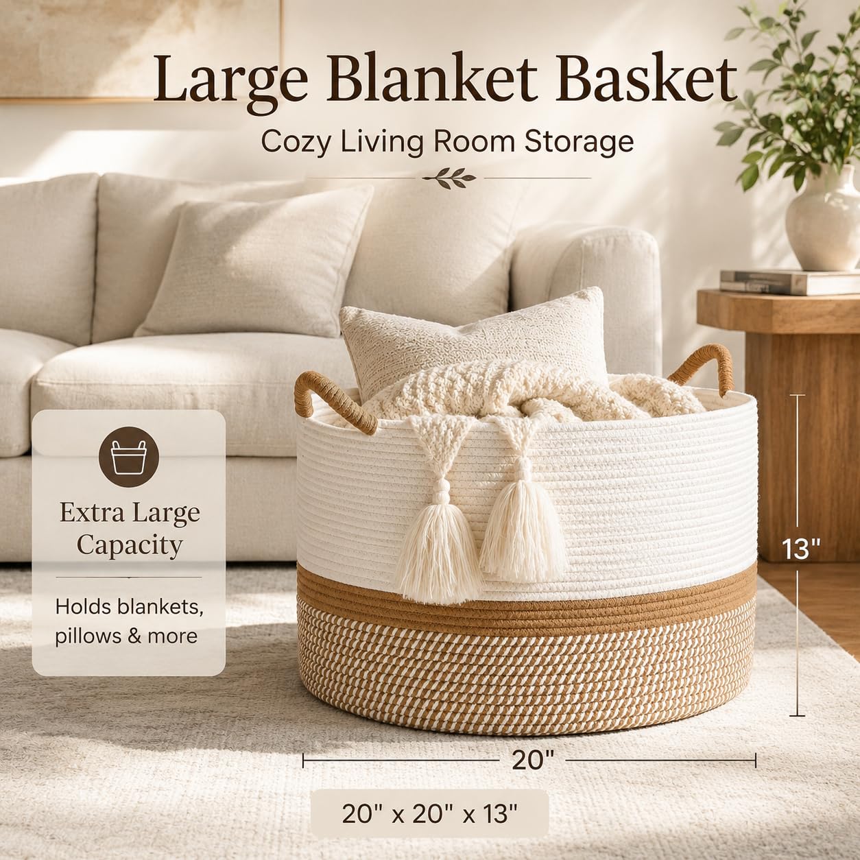 KAKAMAY - Cesta de manta grande (50.8 x 33.02 cm), cestas tejidas para almacenamiento de ropa de bebé, cesta de manta de cuerda de algodón para sala de estar, lavandería, guardería, almohadas, pecho
