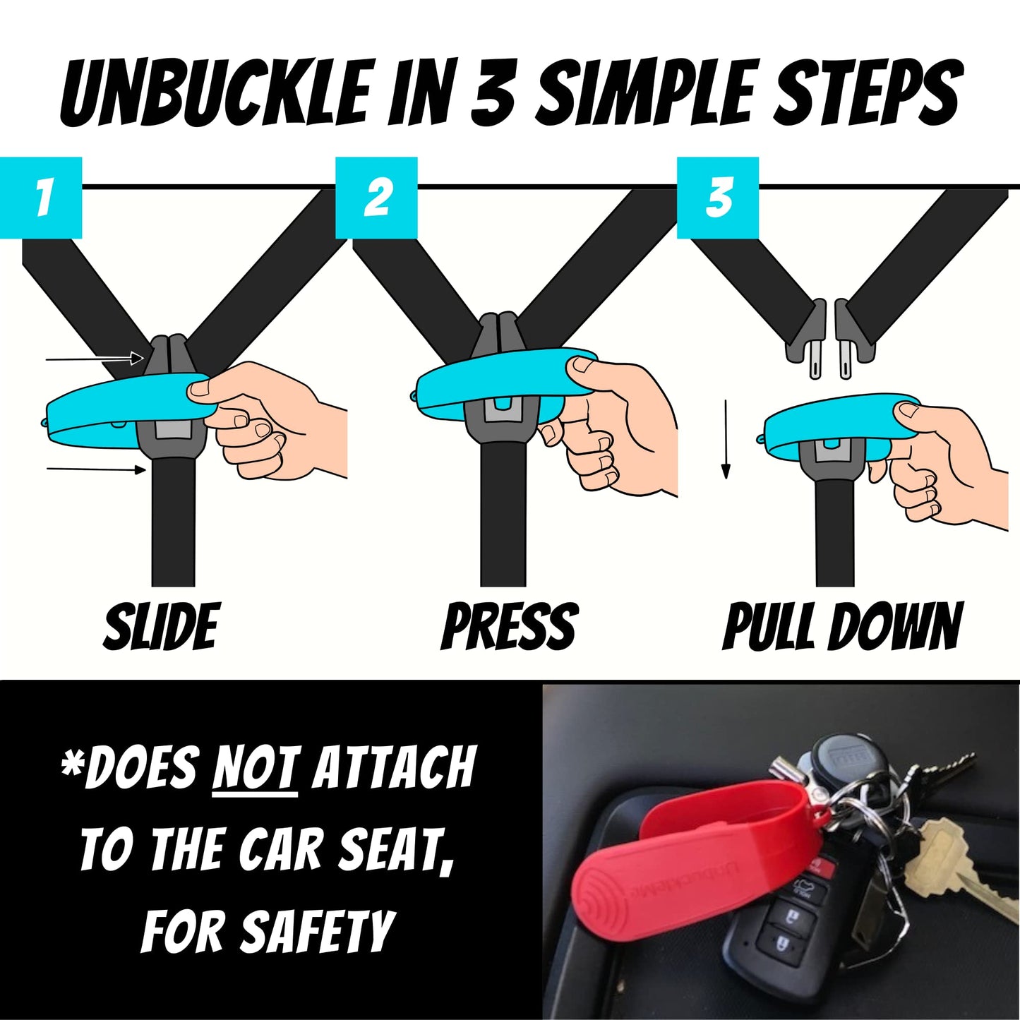 UnbuckleMe Herramienta de Liberación de Hebilla del Asiento de Coche (Como se Vio en El Foso de los Tiburones) - Ayuda Fácil para Abrir para Artritis, Uñas Largas, Niños Mayores - Botón Pulsador para