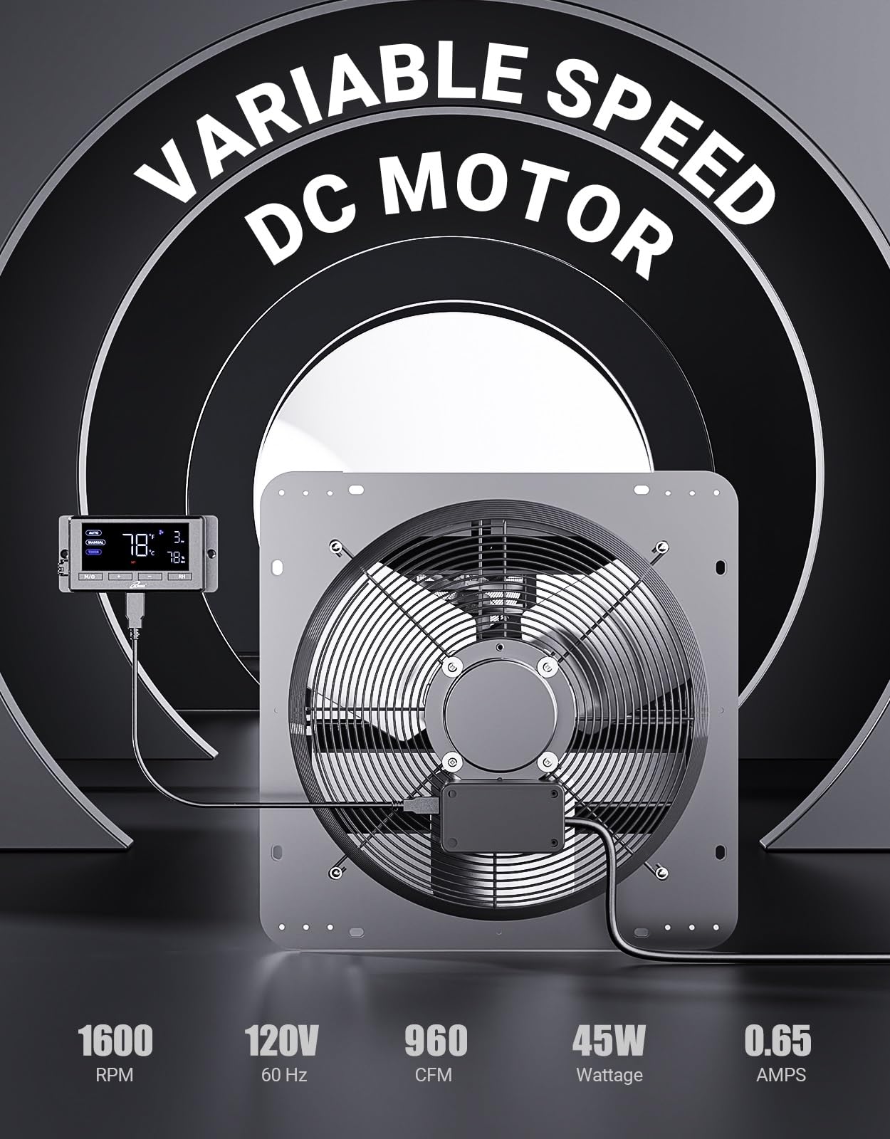 iLiving - Ventilador de escape de obturador montado en la pared, obturador automático, controles de temperatura y humedad con velocidad variable, 960 CFM a 1600 RPM DC Motor