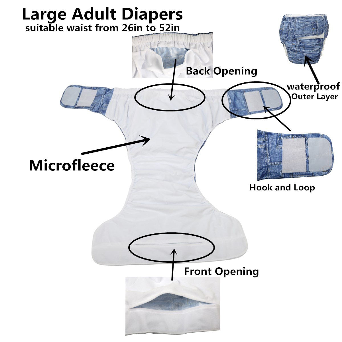 Sigzagor - Pañal de tela reutilizable para adultos y adolescentes, lavable para incontinencia con discapacidad, White (Large 26in to 50in)