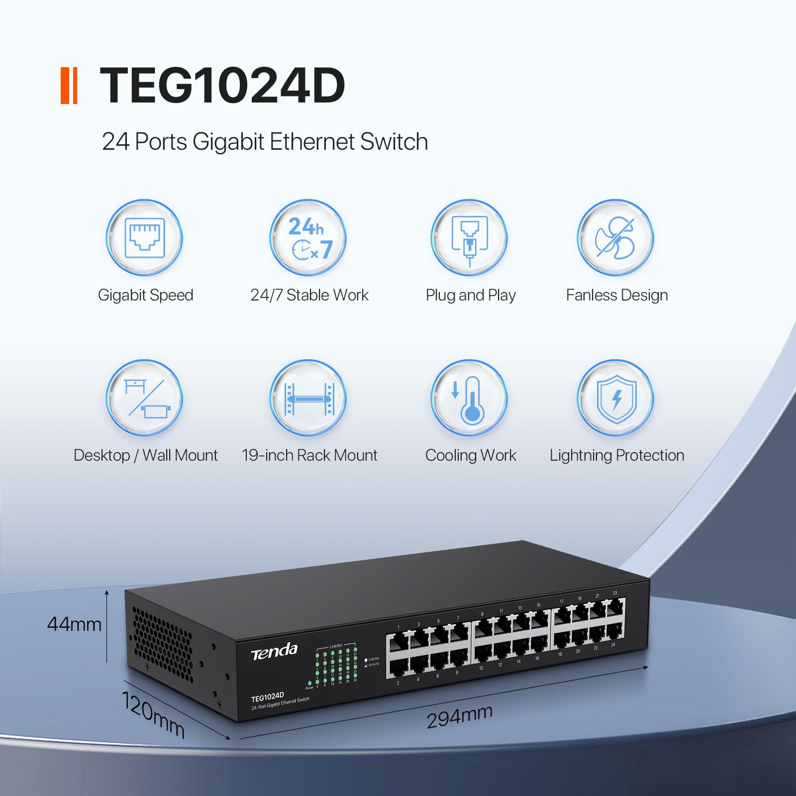 Tenda Switch TEG1024D Ethernet de 24 Puertos Gigabit 10/100/1000 Mbps , no administrable, transmisión dúplex.