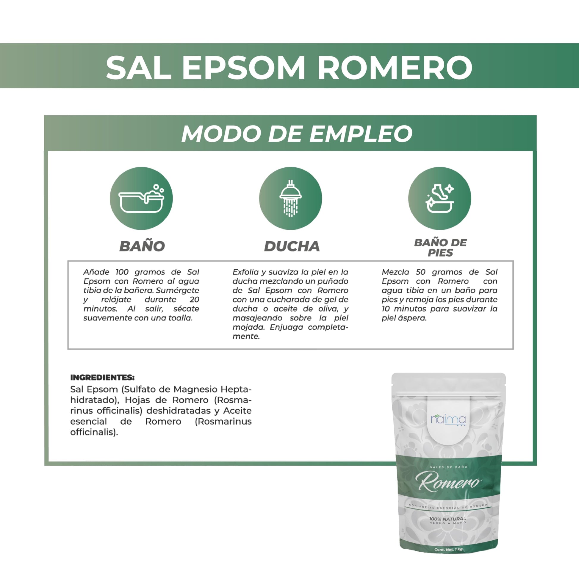 NAIMA Sal Epsom Romero, 1kg | Sulfato de Magnesio 100% Puro y Vegano | Relajante Para Baños, Masajes y Exfoliación | Ideal Para el Cuidado de Pies, Piel y Relajación en Casa| Sin Colorantes Artificiales