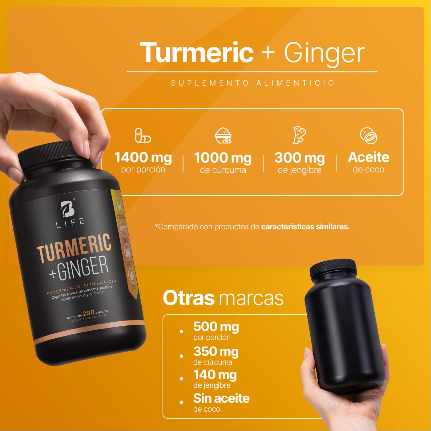 B Life Cúrcuma Con Jengibre y Aceite De Coco | 200 Cápsulas | 1400 mg por porción | Adicionado con Pimienta Negra | Turmeric + Ginger.