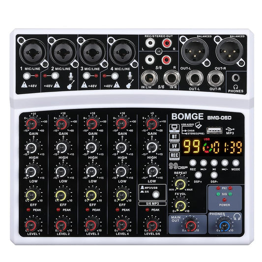 BOMGE - Mezclador de sonido de 6 canales, consola de mezcla digital profesional para streaming en vivo, karaoke y grabación estéreo, con reproducción de grabación de computadora de PC, Bluetooth, MP3