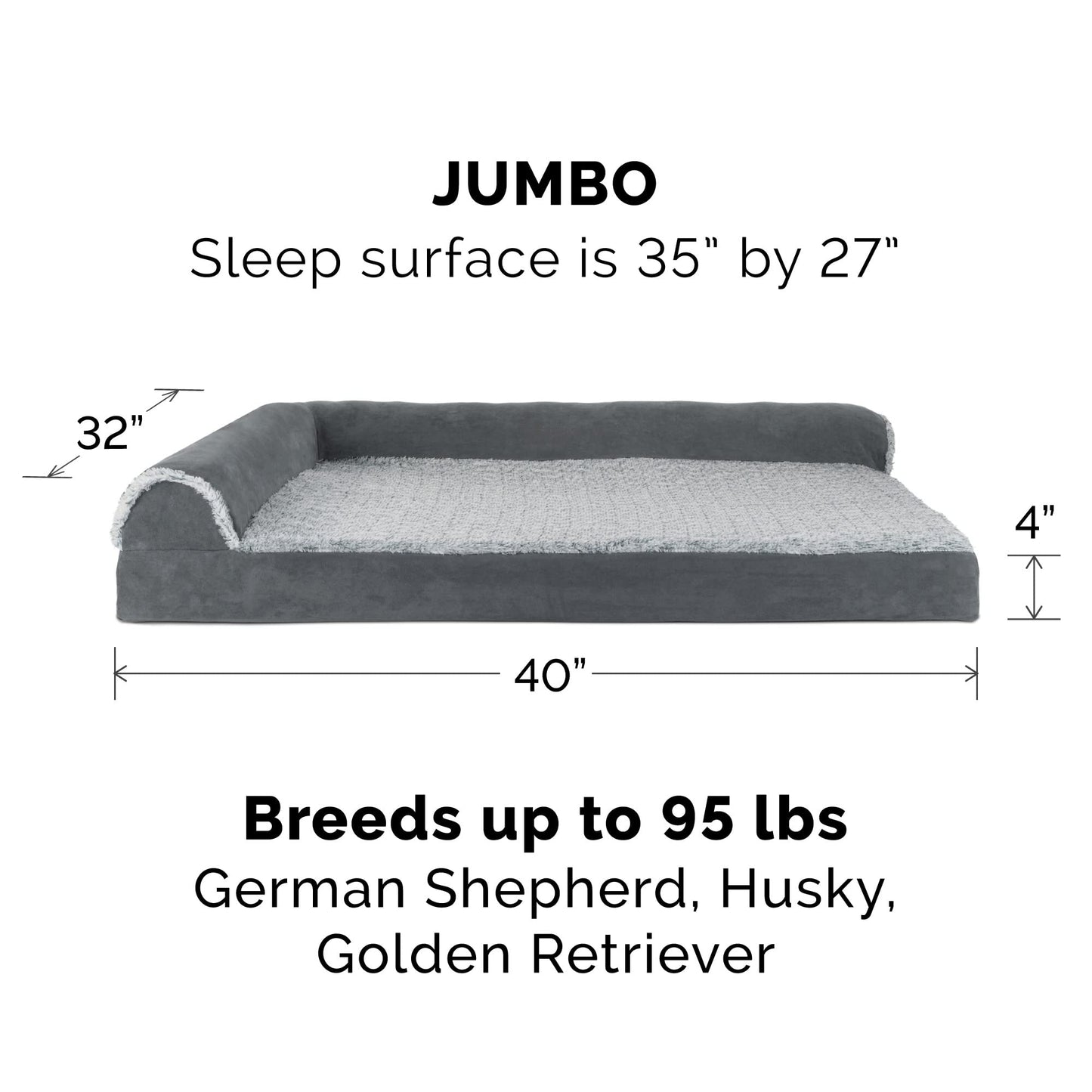 Furhaven - Cama Para Perros De Espuma Viscoelástica Xl, Diván Bicolor De Piel Sintética Y Gamuza En Forma De L Con Funda Extraíble Y Lavable, Gris Piedra, Gigante