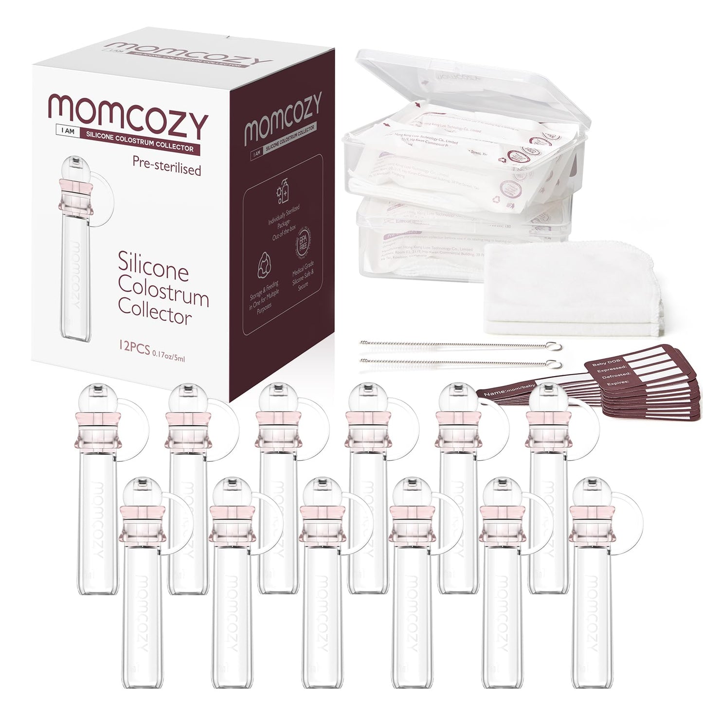 Momcozy Colector de Colostrum Reutilizable Colector de Leche Materna con Estuche de Almacenamiento y Toallitas de Algodón, Contenedor Portátil de Colostrum Libre de BPA, Colector Multiusos 5ml-12