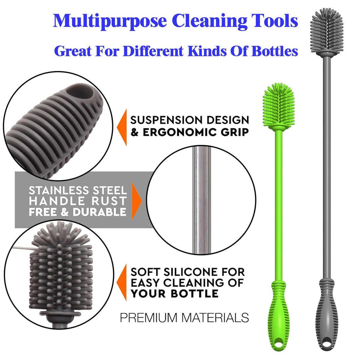 Kit de limpieza de silicona de 10 piezas, 2 cepillos para botellas, 2 raspadores de limpieza, 3 espátulas raspadoras para frascos, 2 pajitas de silicona reutilizables y 1 cepillo para pajitas