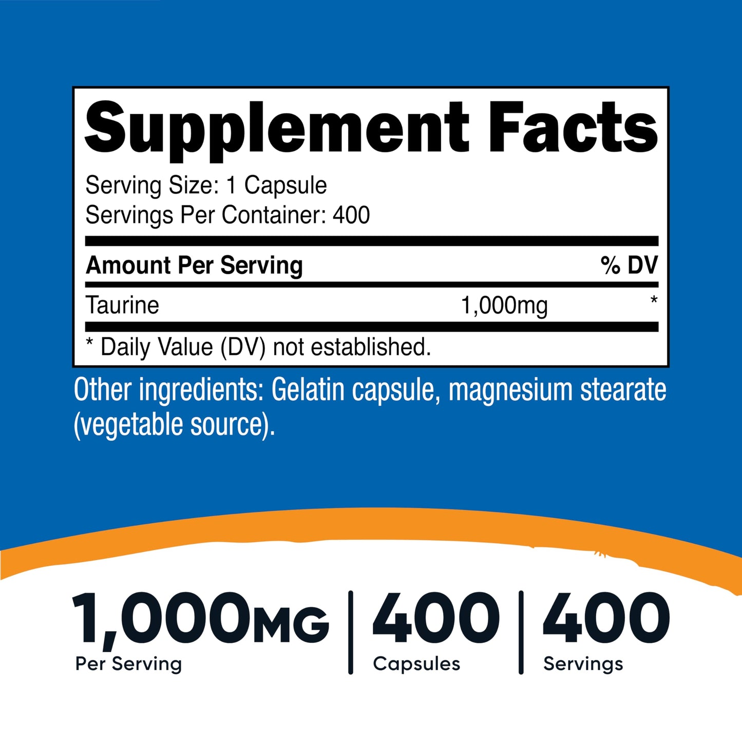 Suplemento Nutricost Taurina 1000mg 400 Cápsulas Sin Gluten y OGM