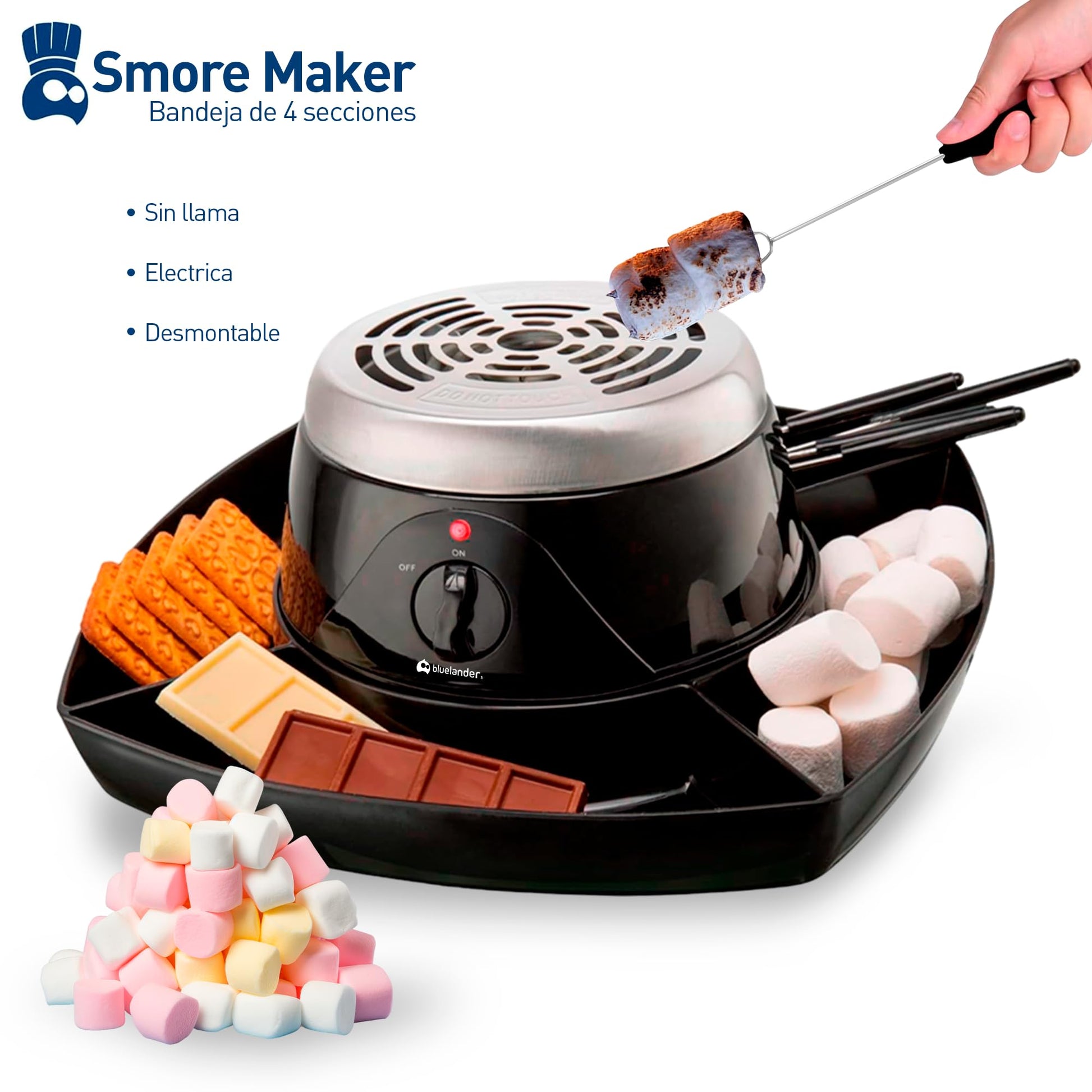 Bluelander Smores Maker, Mesa Electronica Para Interiores, Máquina Eléctronica de Acero Inoxidable, 4 Bandejas Desmontables, Cuatro Tenedores de Asado, Facil de Limpiar, Tostador de Malvaviscos
