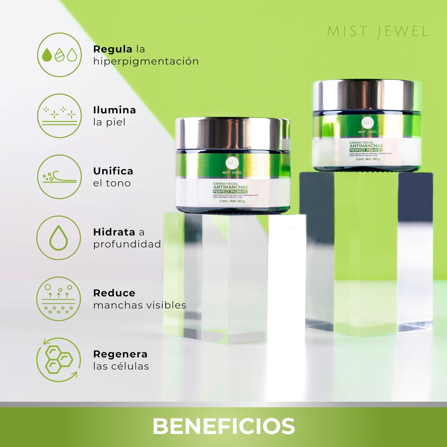 MIST JEWEL | Crema reductora de pigmentacion aclaradora para manchas faciales en la piel, antimanchas adicionado con ácido Glicólico y Salicílico para unificar el tono y reducir hiperpigmentación 50g