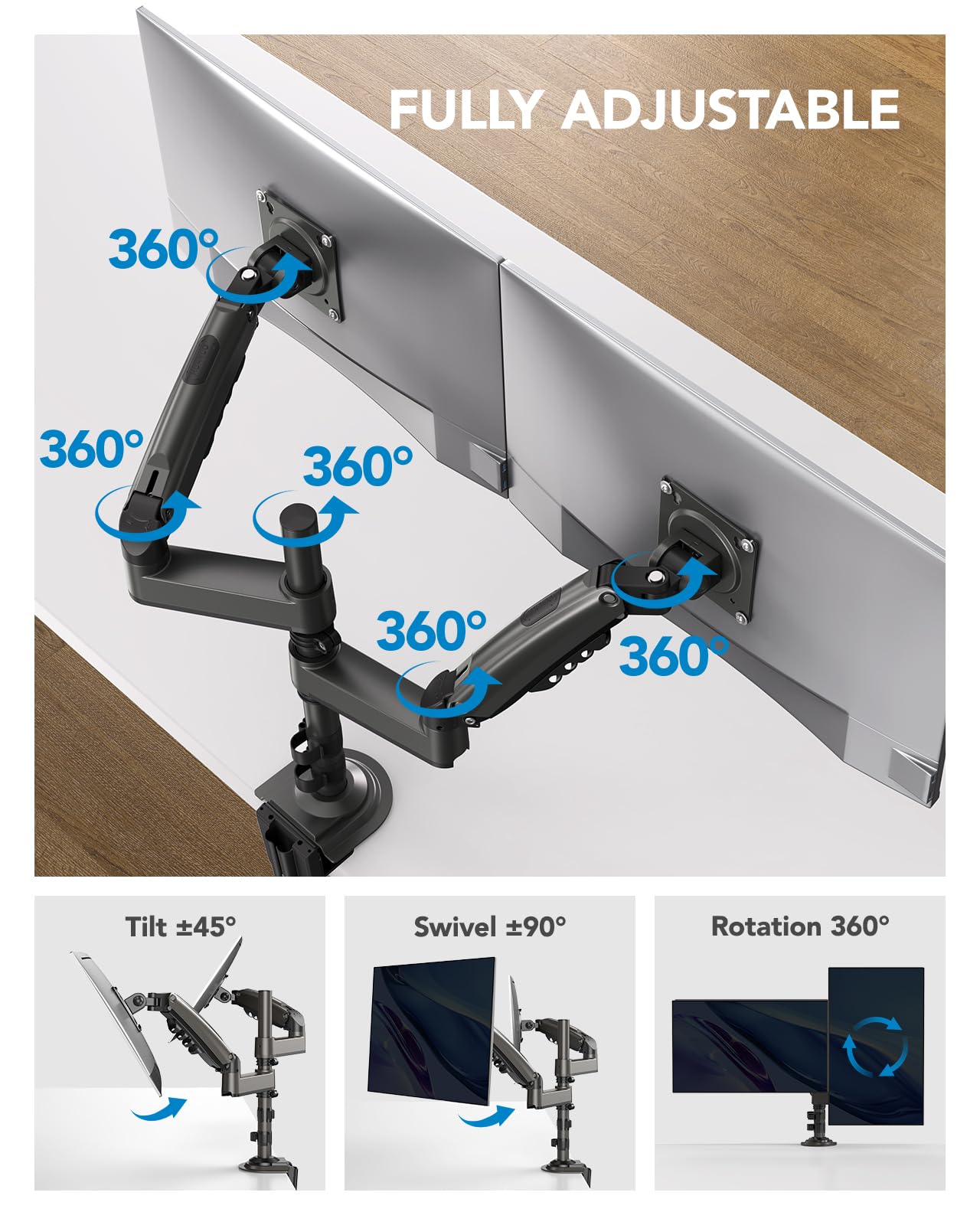 Soporte para Monitor Doble de Altura Ajustable con Resorte de Gas