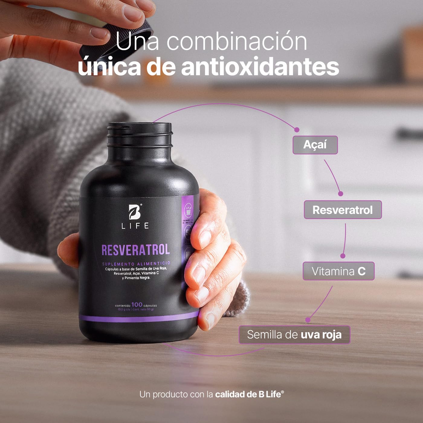 B Life Resveratrol 100 Cápsulas | Antioxidante con Pimienta negra, Uva Roja, Acai y Vitamina C |1000 mg por porción. Ingredientes Naturales.