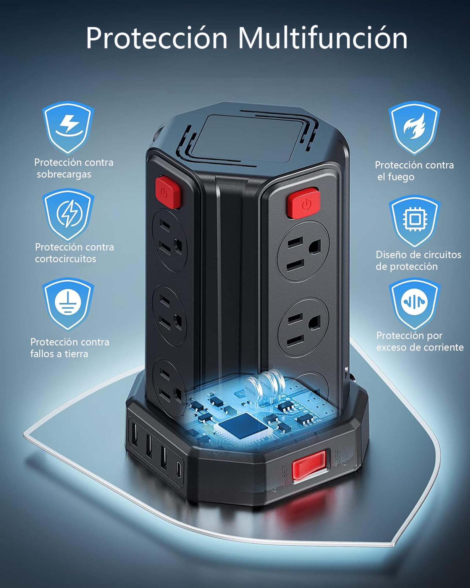 SMALLRT Torre Regleta Multicontacto Pared con 1700J Protector contra Sobretensión, Extension Electrica 3.04M, Conector Multiple con 12 Enchufes y 4 Puertos USB (1 USB C), Hogar Dorm Oficina, Negro